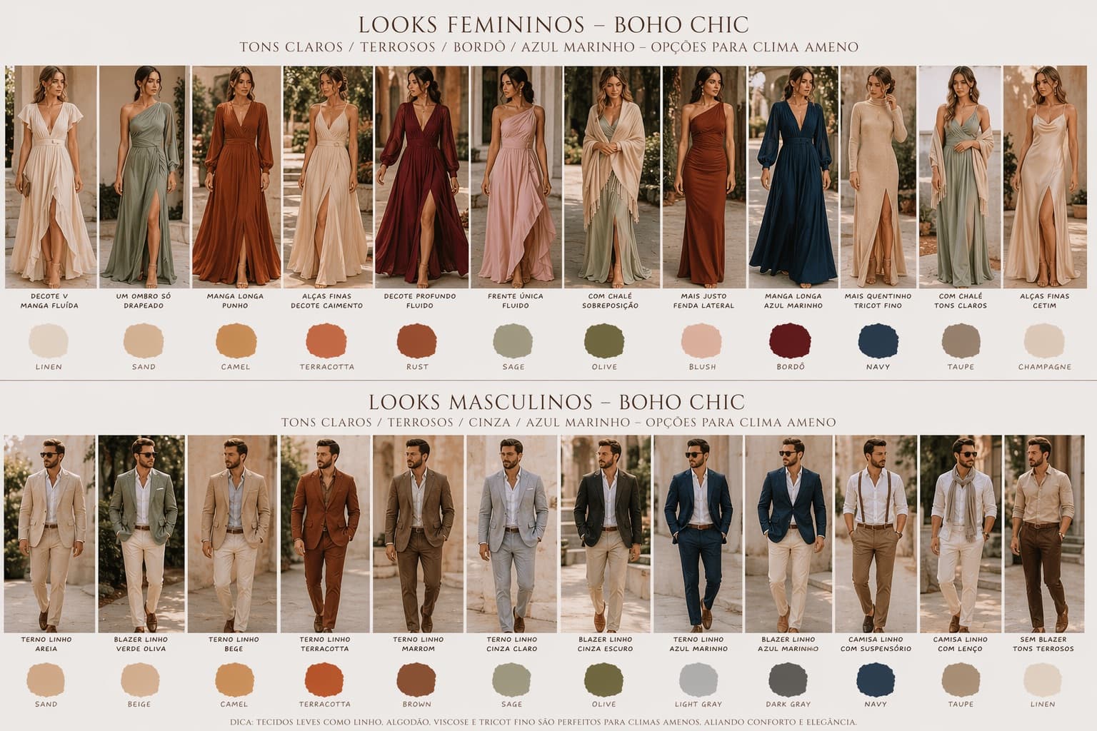 Guia visual de dress code Boho chic para convidados adultos — tons e sugestões de looks