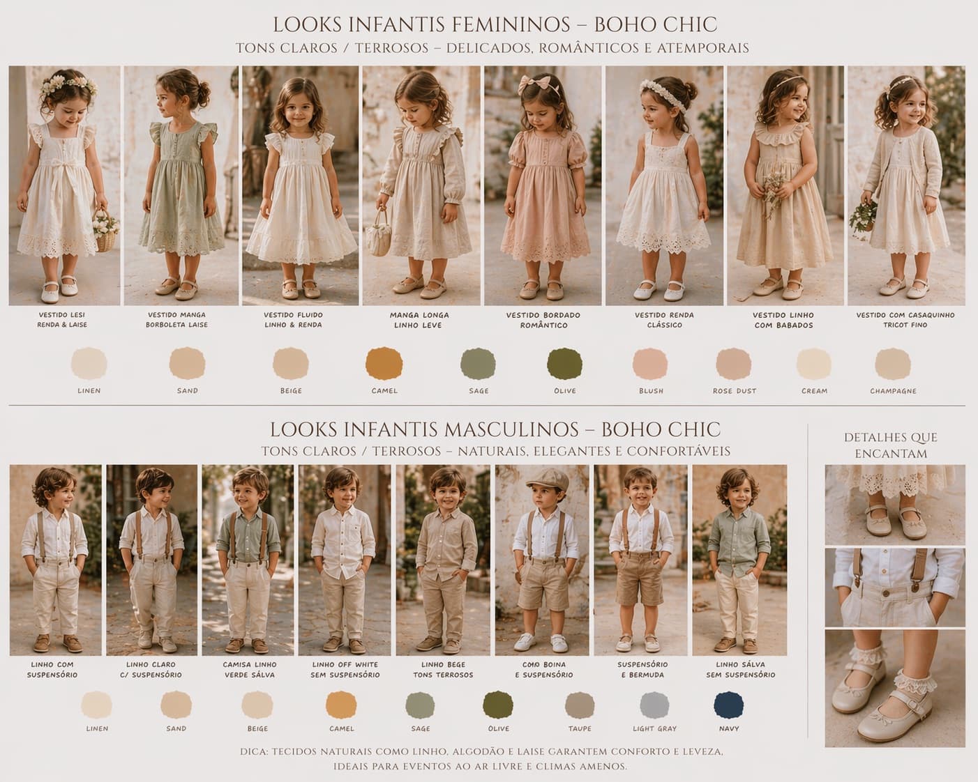 Guia visual de dress code Boho chic para crianças — looks infantis sugeridos